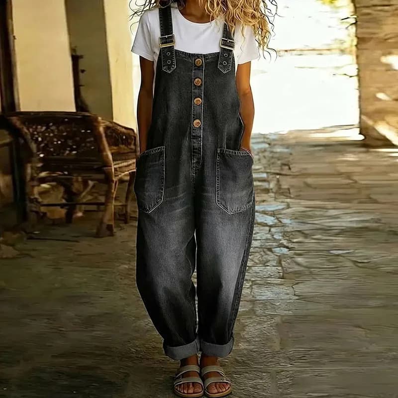 Tuta intera in denim senza maniche con scollo all'americana e gamba larga, elegante, da donna, per il commuting, estiva, a vita alta, modello 2026