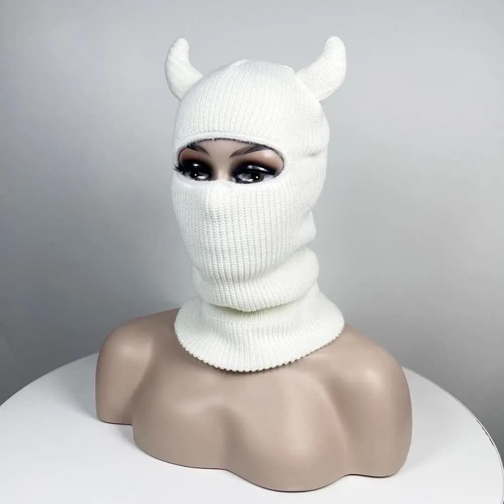 Cappello con Corna, Balaclava Lavorata a Maglia, Maschera da Sci Integrale Calda con Foro Singolo, Cappello Invernale in Cotone Traspirante con Corna di Bue per Halloween