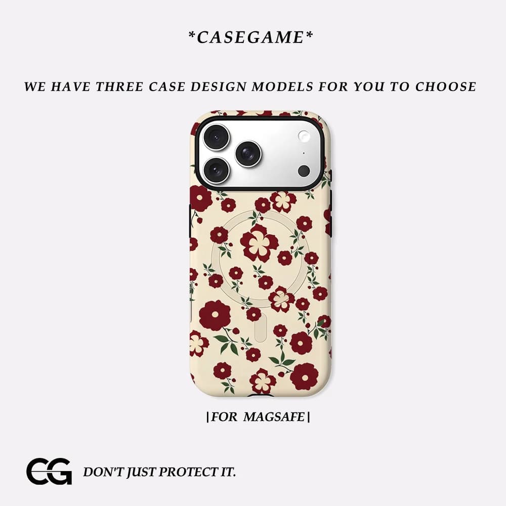 Casegame Cover Opaca Antiurto per iPhone 17 16 15 14 Plus 13 Pro Max con Bumper per MagSafe, in PC Rigido, Rosso Beige Floreale