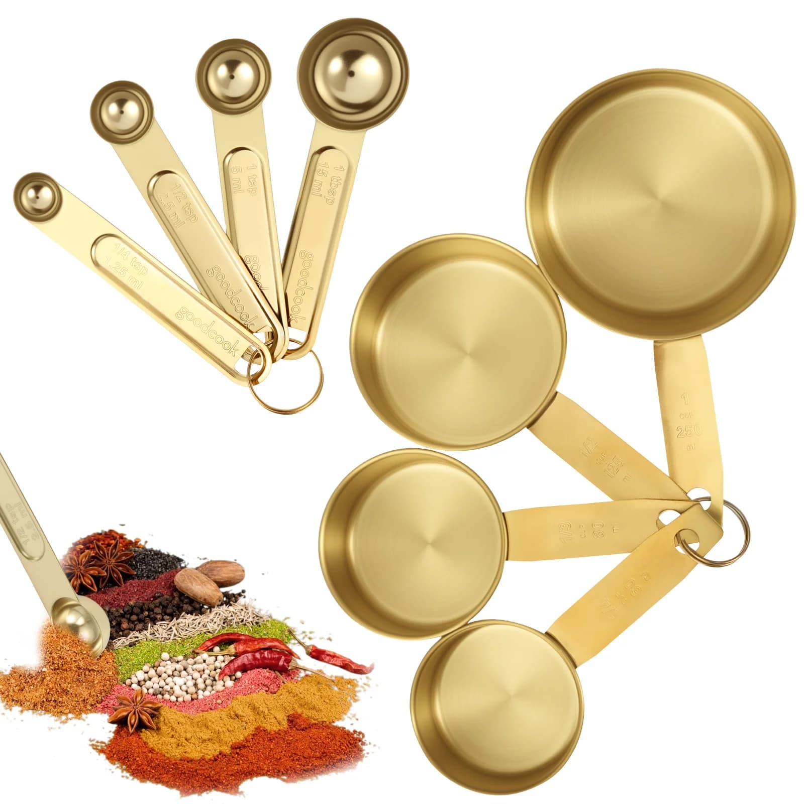 Set di misurini e cucchiai da cucina in acciaio inossidabile da 8 pezzi, misurino da cucina in oro impilabile, per cucinare a casa, cuocere spezie