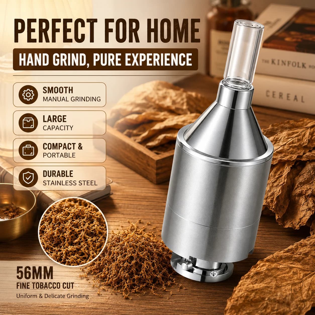 56mm Large Hand Metal Powder Grinder Hand Crank Spice Funnel Food Container Tool Manual Herb Mill with Storage Jar Fine Powder Maker for Kitchen Cooking Baking Seasoning Coffee Tea Nuts Portable Durable Easy Clean Grinder Accessory Set Pack