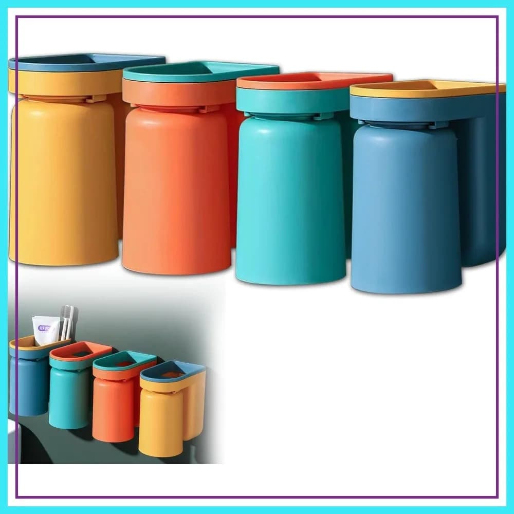 Portaspazzolino da parete con tazza, set 2 in 1, design invertito per una facile drenazione, adesivo per bagno (confezione da 4)