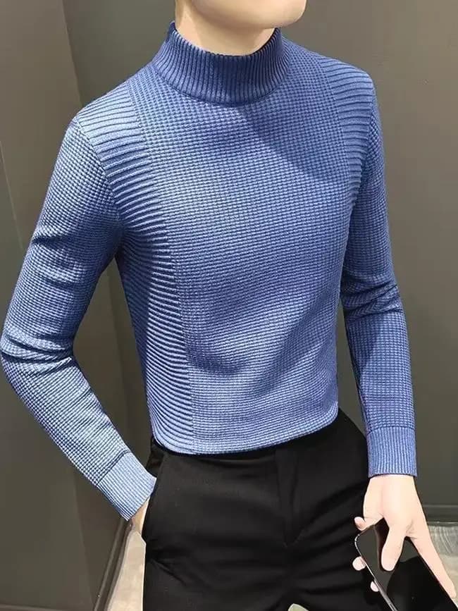 Maglione Slim Fit a Maniche Lunghe con Collo Alto in Lana, Motivo Waffle, Strato Base per Uomo, Abbigliamento Casual Autunnale
