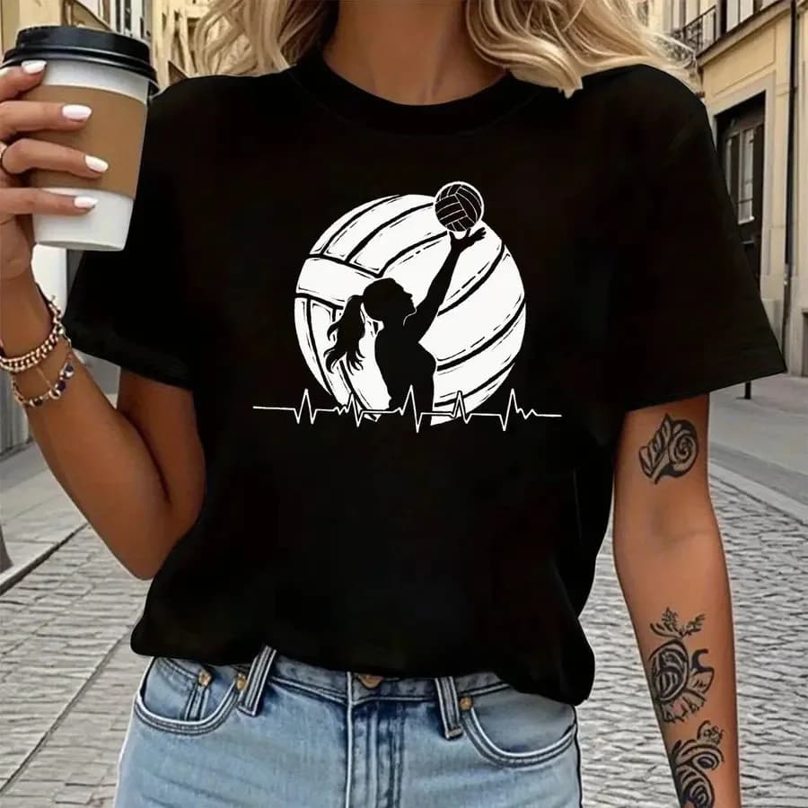 Volleyball Heartbeat: T-shirt con stampa grafica Spike, manica corta, girocollo, top casual per abbigliamento da donna estivo e primaverile