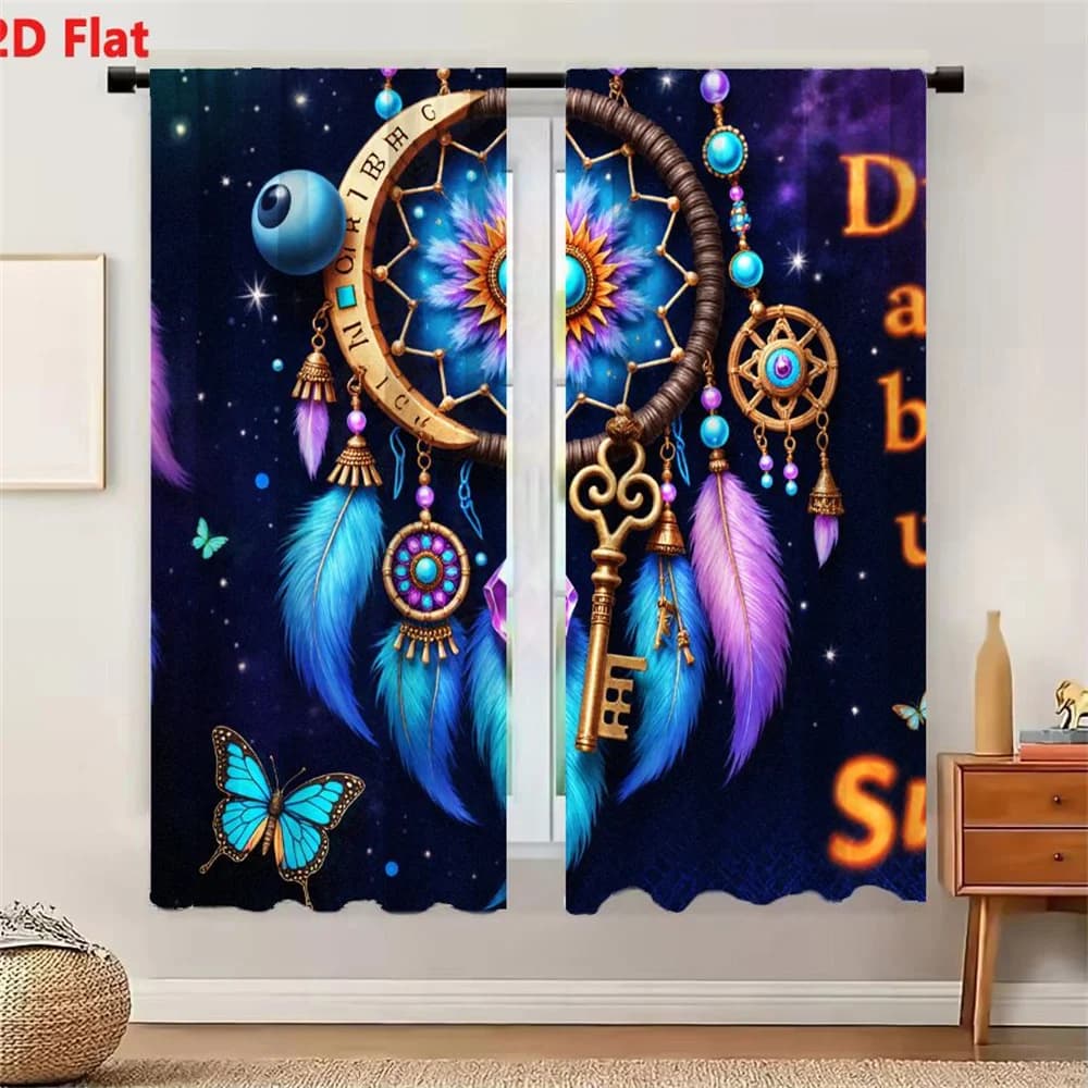 2Pcs Curtains 2D Flat Mystical Dreamcatcher With Golden Frame Colorful Charms Feathers Stars Night Sky Bohemian Decor Window Dra