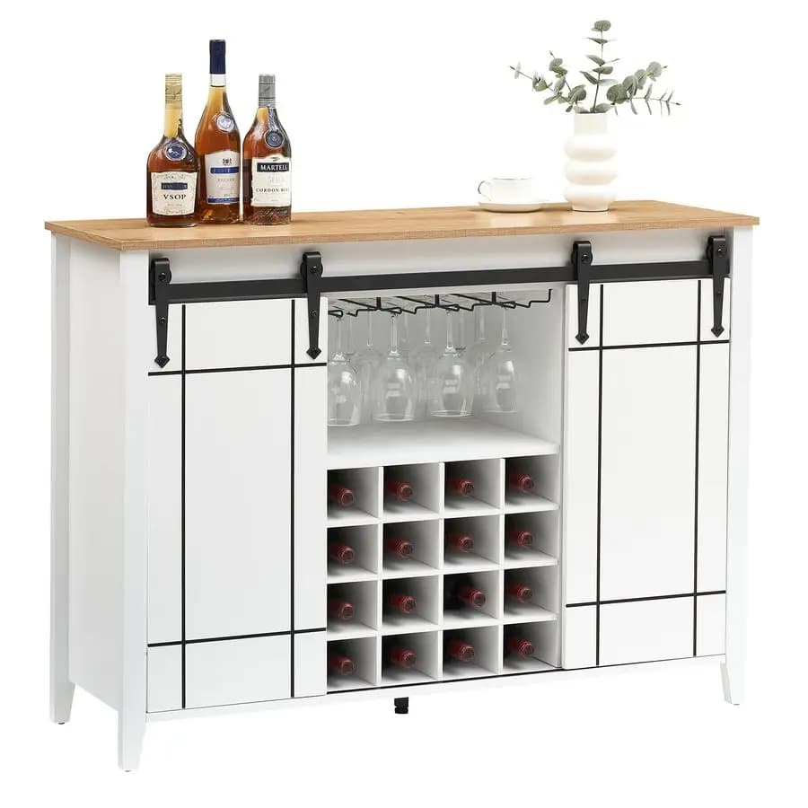 Mobile Bar per Vini con Porta Scorrevole Stile Barn, Mobile Bar da Cucina da 47 Pollici con Portabottiglie e Portabicchieri, Ripiani Contenitori, Grande Mobile Rustico