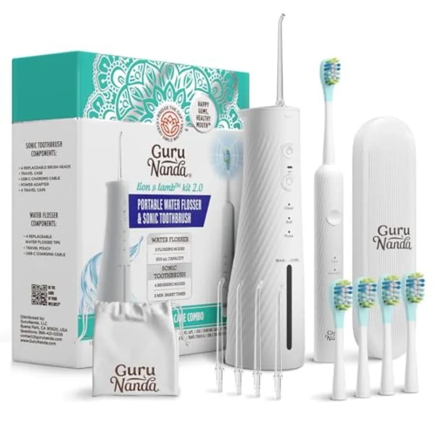 Kit Spazzolino Elettrico Lion and Lamb 2.0 con Idropulsore, 4 Getti d'Acqua, 4 Testine e Design Impermeabile IPX7 per Comp