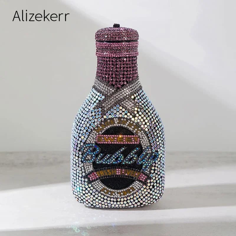 Alizekerr Borsa da sera in cristallo a forma di bottiglia di champagne da donna 2024 Splendidi borsette e borsette con pochette in metallo con diamanti Festa di nozze