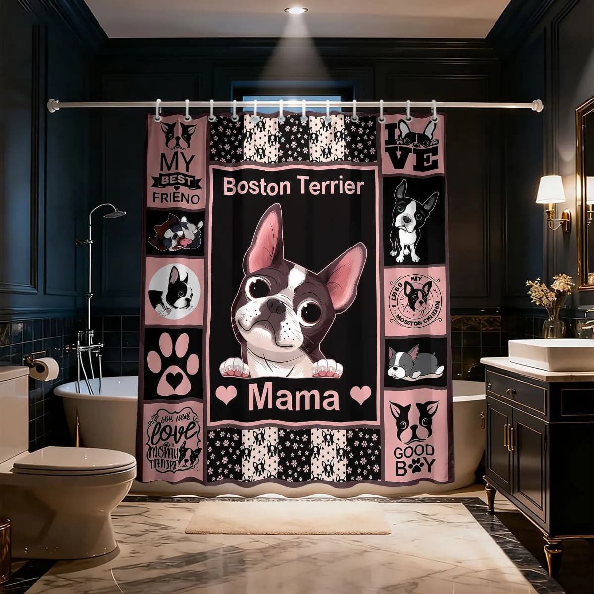 Tenda da doccia per amanti dei cani, 90GSM, impermeabile, con stampa Boston Terrier e Pug, decorazione per il bagno con ganci