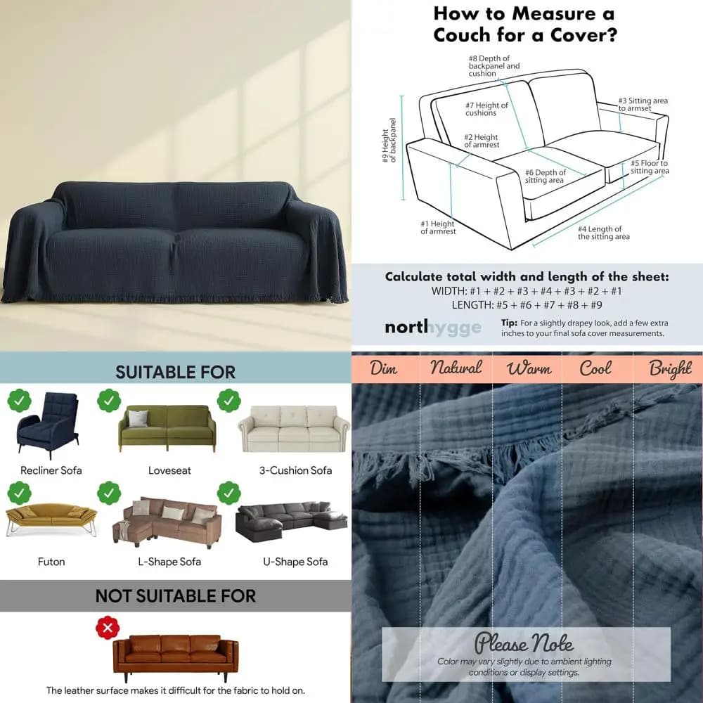 Covers washable 100% Cotton, Protection for Large Sofa, Suitable for Sofa, Fitted Sofa, L-shaped, 4-layer muslin, 180 cm Width, Blue Space