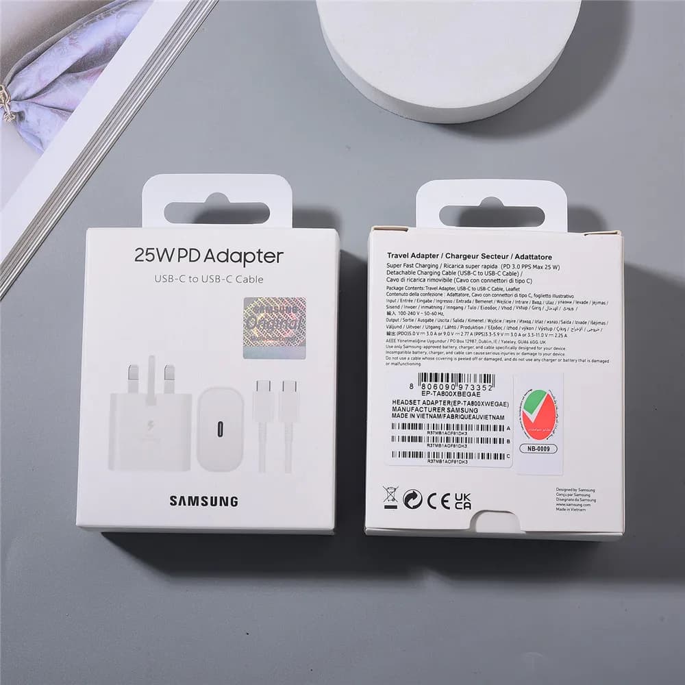 Caricabatterie Samsung 25W PD a Ricarica Super Veloce per Galaxy S26 S25 Ultra S24 S23 Plus FE A17 A07 M53 M54 F15 A54 Fold 7 6 con Adattatore UK
