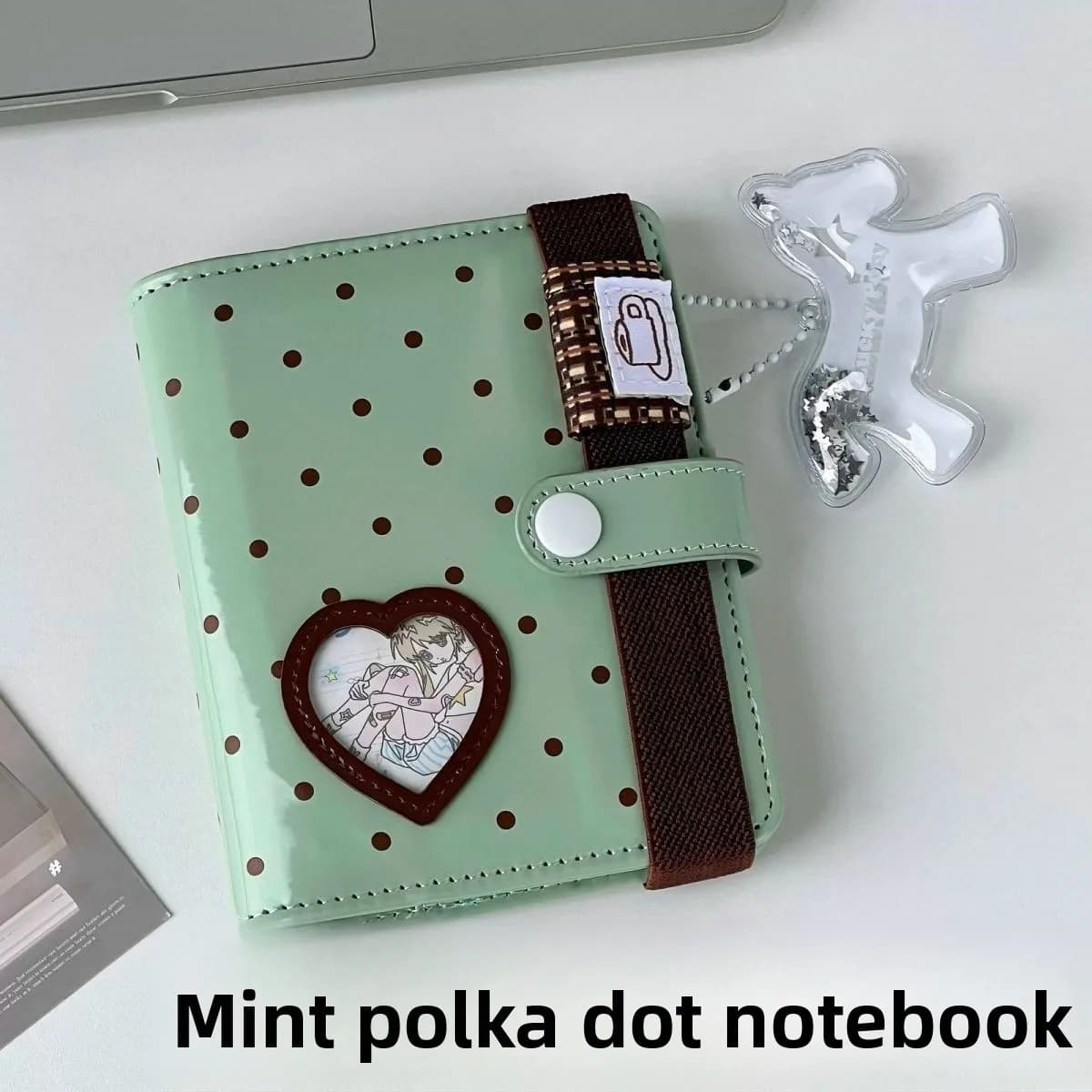 New High-Quality Korean Ins Style Mint Color Planner M5 Heart Polka Dot Patent Leather Loose-Leaf Portable Leather Notebook