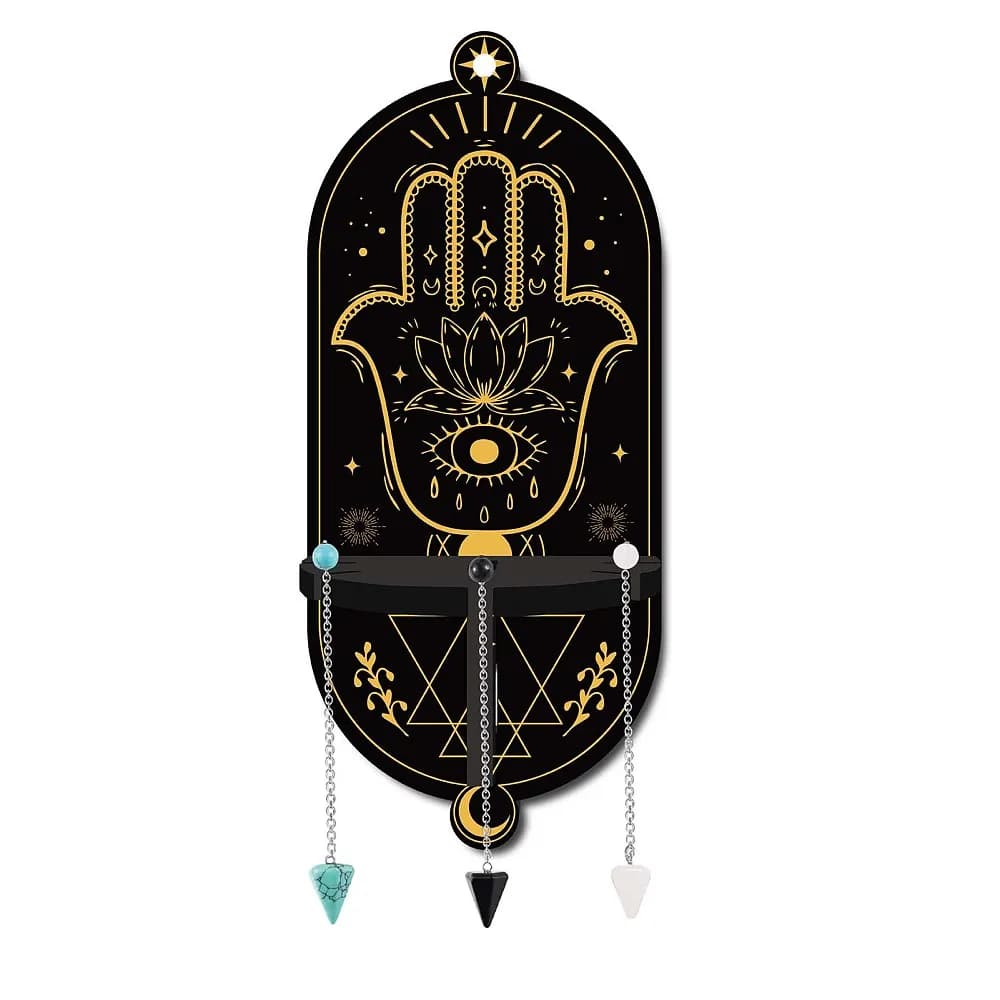Small Shelf Display Hamsa Hand Star Wooden Holder Stand with 3Pcs C1 Gemst1 Pendulum Chains Magical Boho for Hanging Crystals