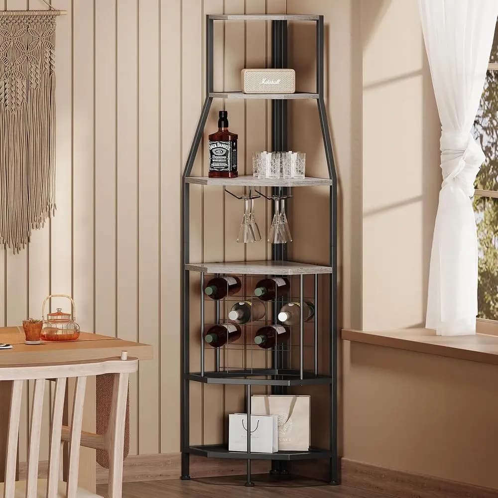 Portabottiglie a 5 livelli con porta bicchieri e porta bottiglie, mobiletto per vino da bar o cucina, stile industriale