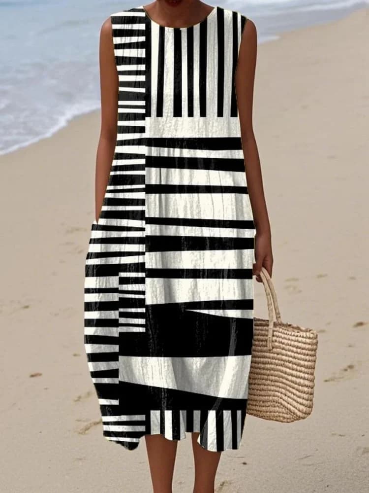 Abito Midi da Donna Taglie Forti, Sexy, Senza Maniche, a Righe Bianche e Nere, Stampa Fantasia, Vestito con Tasche, Girocollo, Nuova Collezione Moda