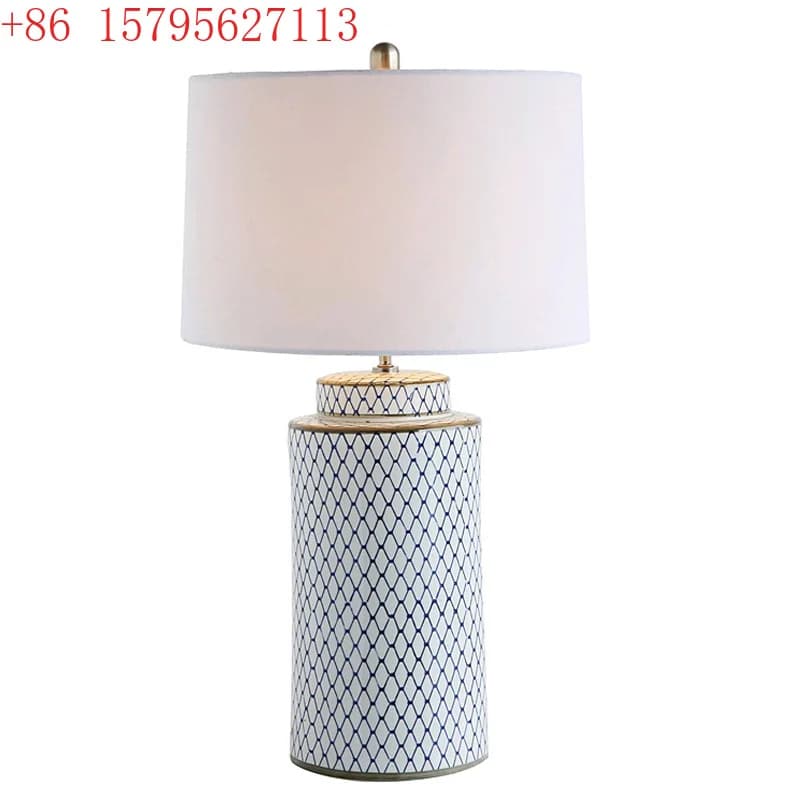American simple blue grid ceramic desk lamp Chinese model store home living room study bedroom bedside decorative lamp