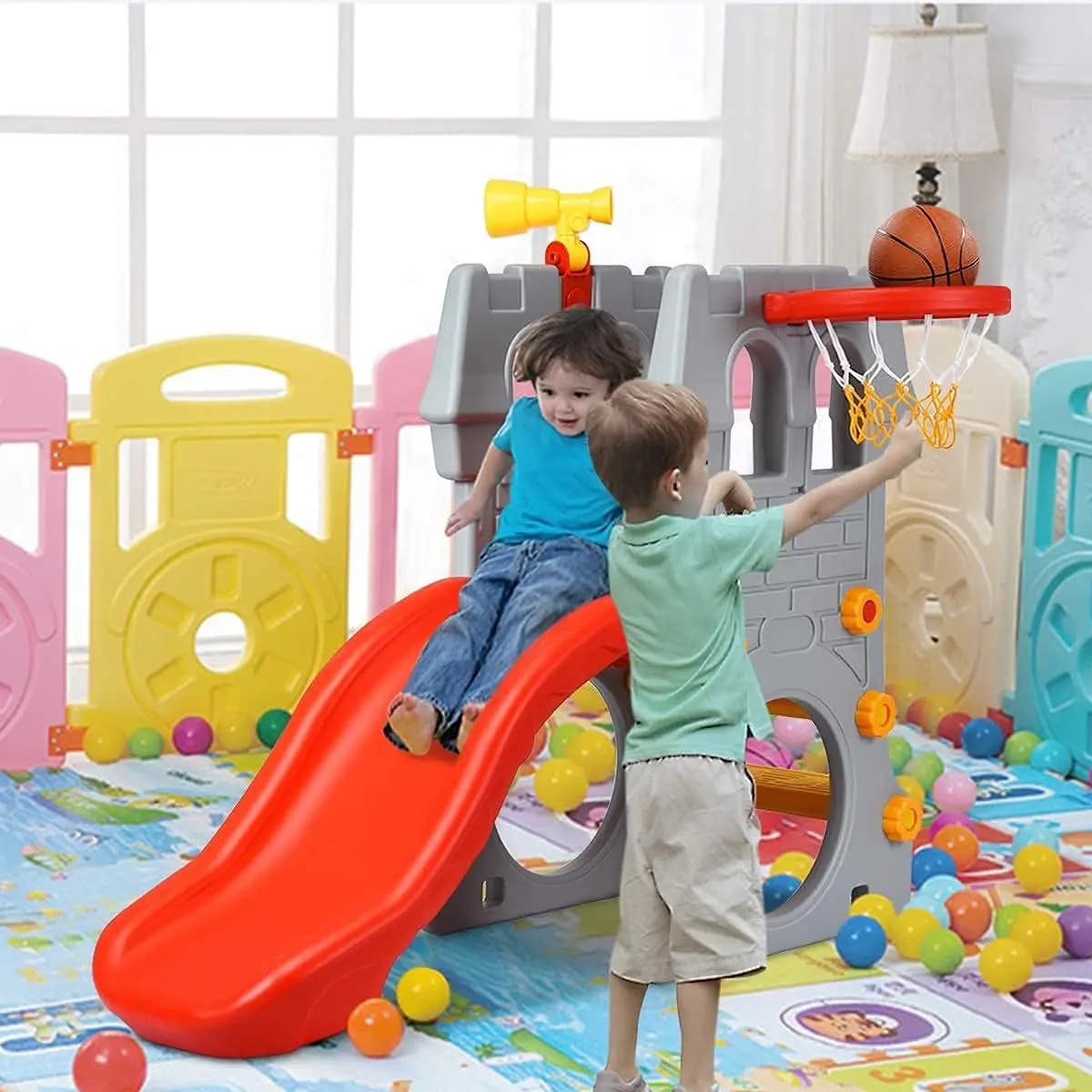 Set scalatore per parco giochi per bambini, scivolo 5 in 1 per bambini con canestro da basket, telescopio, spazio per scattare, facile da arrampicata