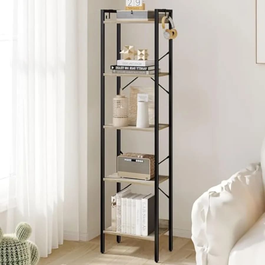 Libreria, scaffale industriale con 2 ganci, scaffale angolare portaoggetti per ufficio domestico, soggiorno, camera da letto, cucina