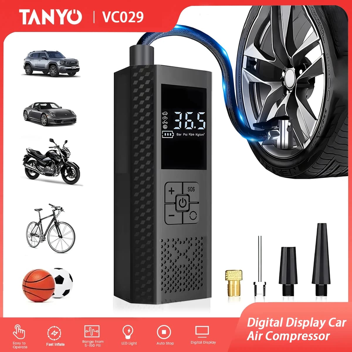 Pompa d'aria per auto Pompa wireless portatile per pneumatici per auto Bicicletta Basket Compressore d'aria elettrico Piccolo mini gonfiatore per pneumatici 150 Psi