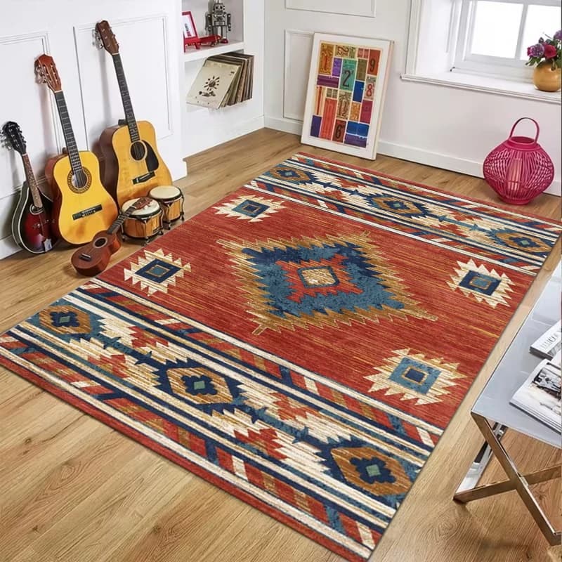Southwest Native American Style Diamond Pattern Carpet Rug Mat Home Decoration Tribal Geometric Design Red Area Floor Mat