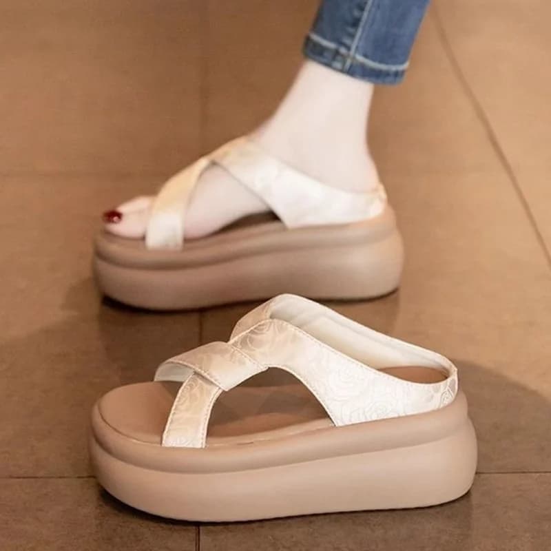 New Platform Sole Slip-On Mules, Summer Style Chinese-Inspired Patterned Cross-Strap Thick-Soled Sandals for Women