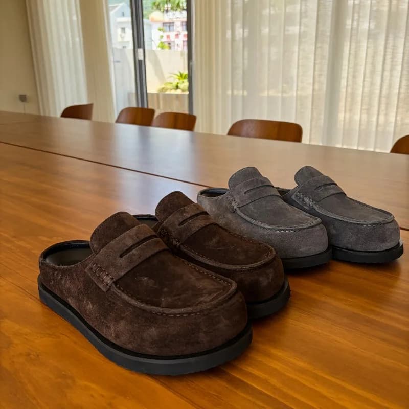 Pantofole da uomo in stile Old Money britannico, in pelle scamosciata di vacchetta, senza lacci, tipo mocassino, casual, per casa e esterno.