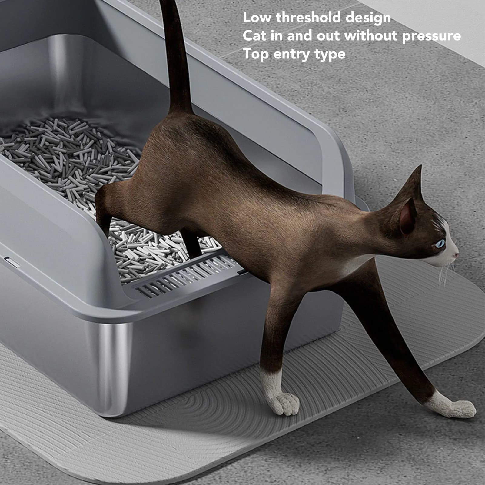 Lettiera in acciaio inossidabile Facile da pulire Lati alti inodore Design con ingresso superiore in acciaio inossidabile per gatti di grandi dimensioni