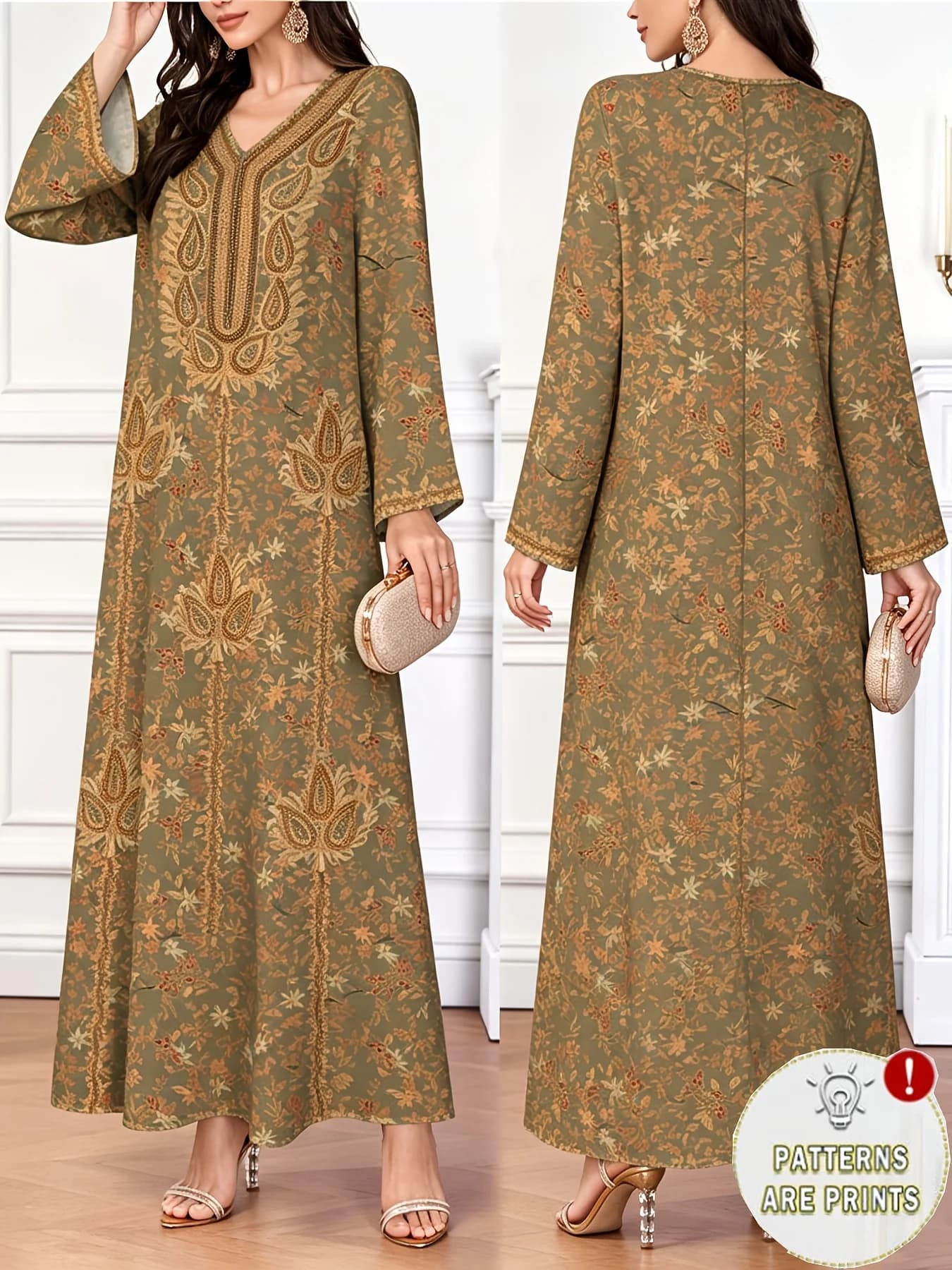 Middle East elegant robe European and American spring and autumn large size ethnic print commuting loose long sleeve dress