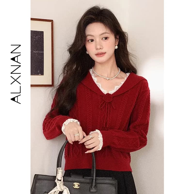 ALXNAN Women Cable Knit Sweater Sweet Vintage Navy Collar Flower Tie Fall Winter Daily Loose-fit Long Sleeve Knit Top L59929
