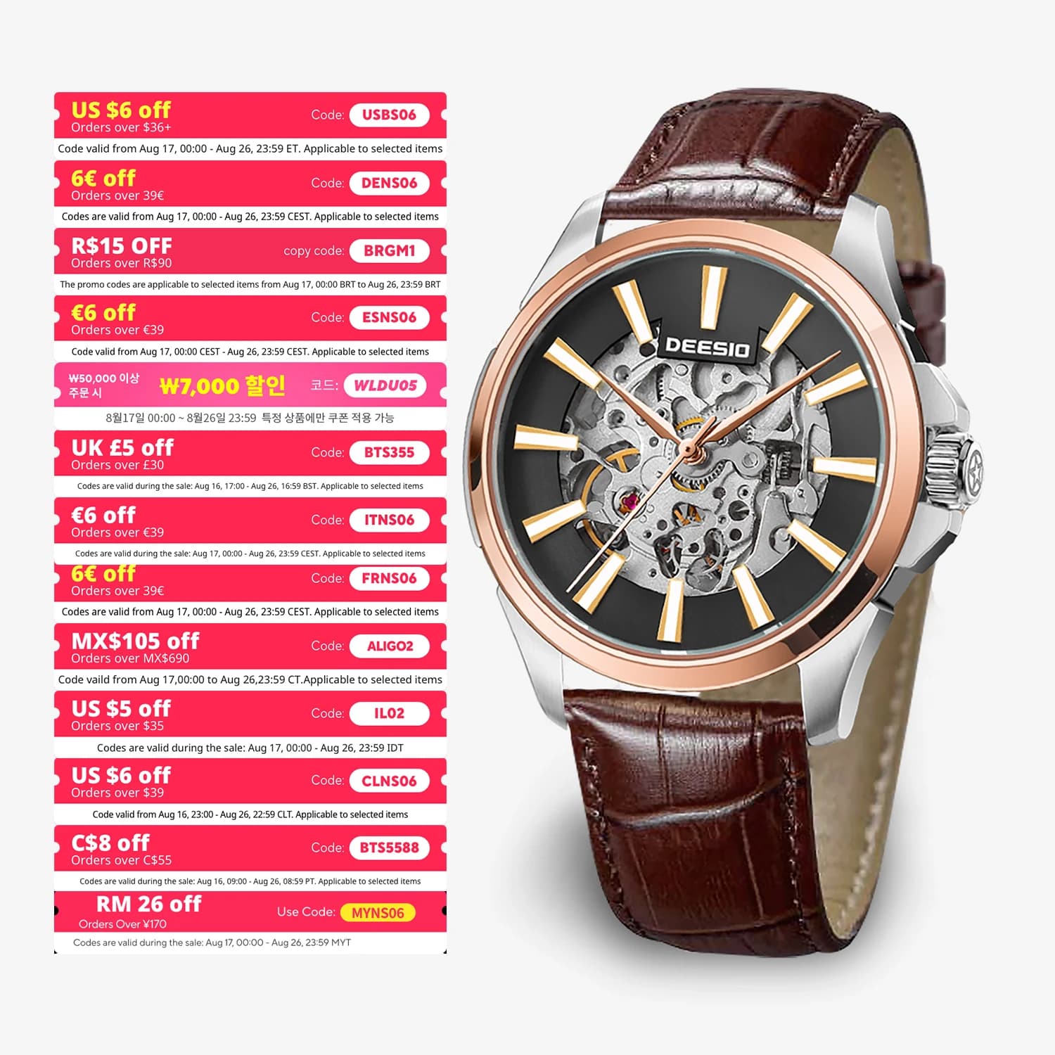 Deesio Men Automatic Skeleton Watch Sapphire 316L Stainless Steel 50M Waterproof Butterfly Clasp Mechanical Luxury Wristwatch