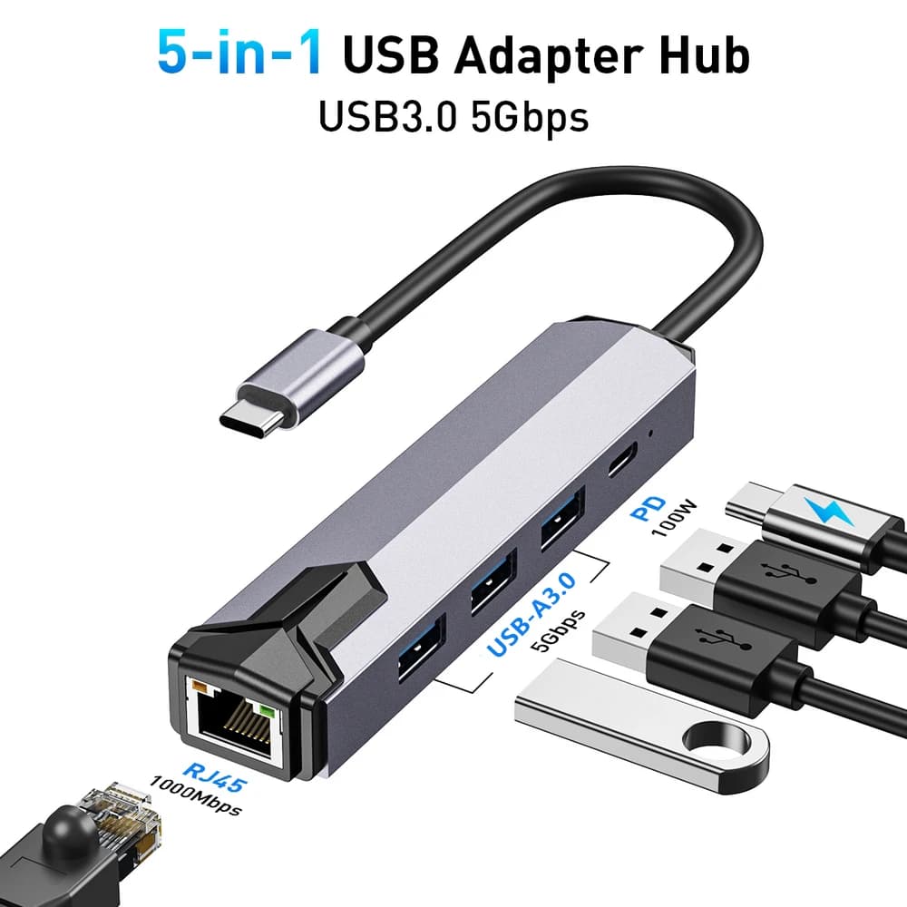 5-in-1 USB-C Hub with 3x USB 3.0 5Gbps, Gigabit Ethernet 1000Mbps, PD 100W, Aluminum Alloy for Laptop Desktop Home Office