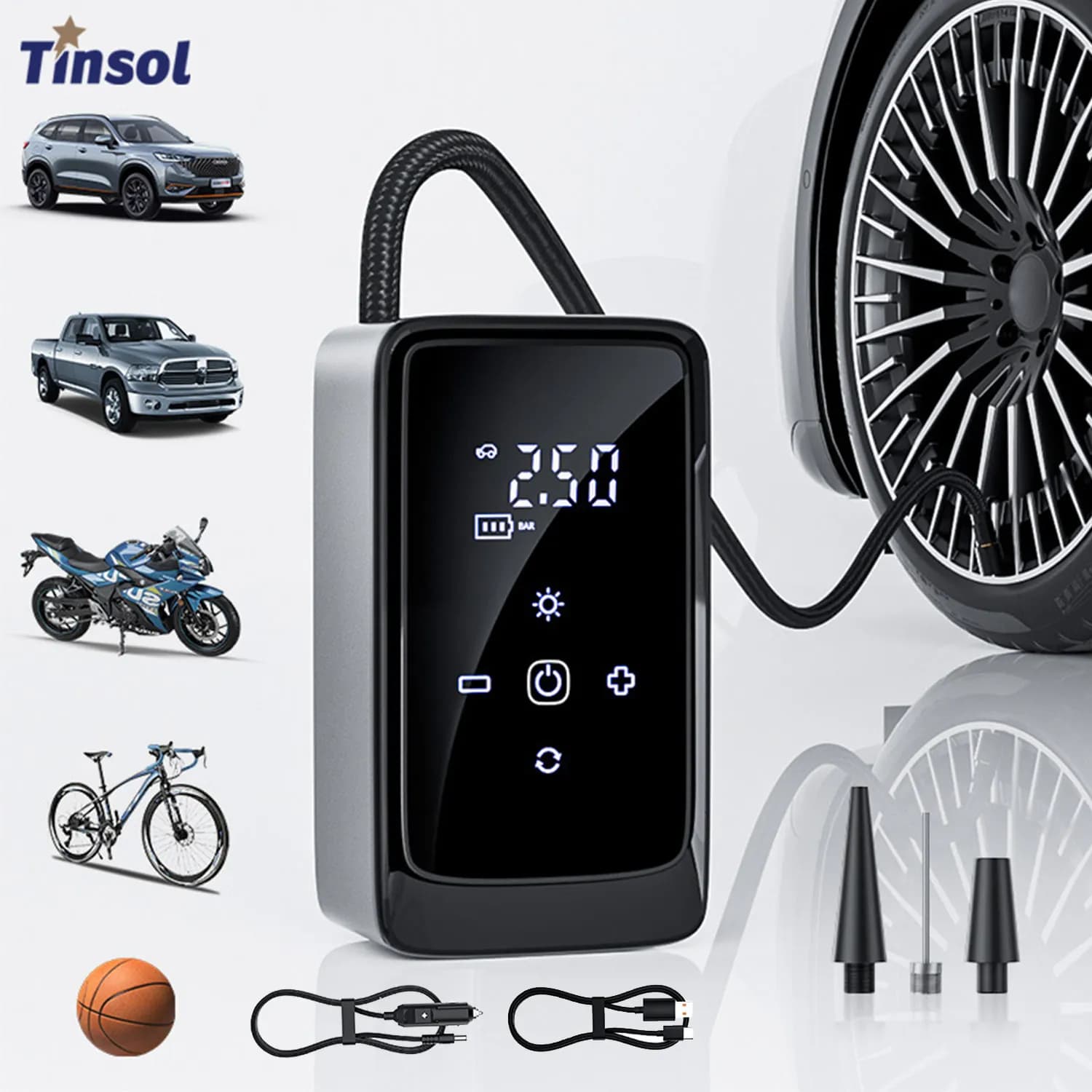 TINSOL pompa d'aria per auto wireless 140PSI gonfiatore portatile adatto per motocicli, biciclette, pneumatici per auto e palline