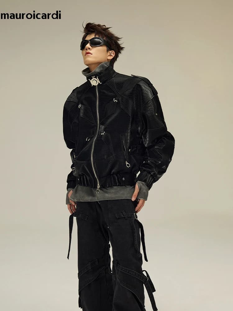 Mauroicardi Primavera Autunno Fresco Corto Nero Lucido Stampa Coccodrillo Giacca di Pelle Pu Uomo Designer di Lusso Y2K Abiti Streetwear
