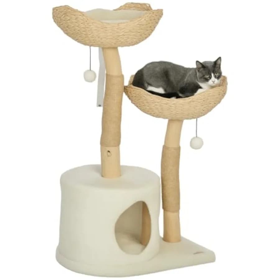 37 Tiragraffi per Gatti da Interno Moderno con Pali in Legno, Cuccia per Gatti con Letti, Palline Giocattolo, Cuscini Lavabili, Base Anti-Ribaltamento K