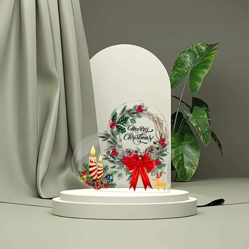 1pc Elegant Home Office Table Decor 2D Flat Acrylic Heart Xmas Hanging Ornament With Pine Berry Candle Print