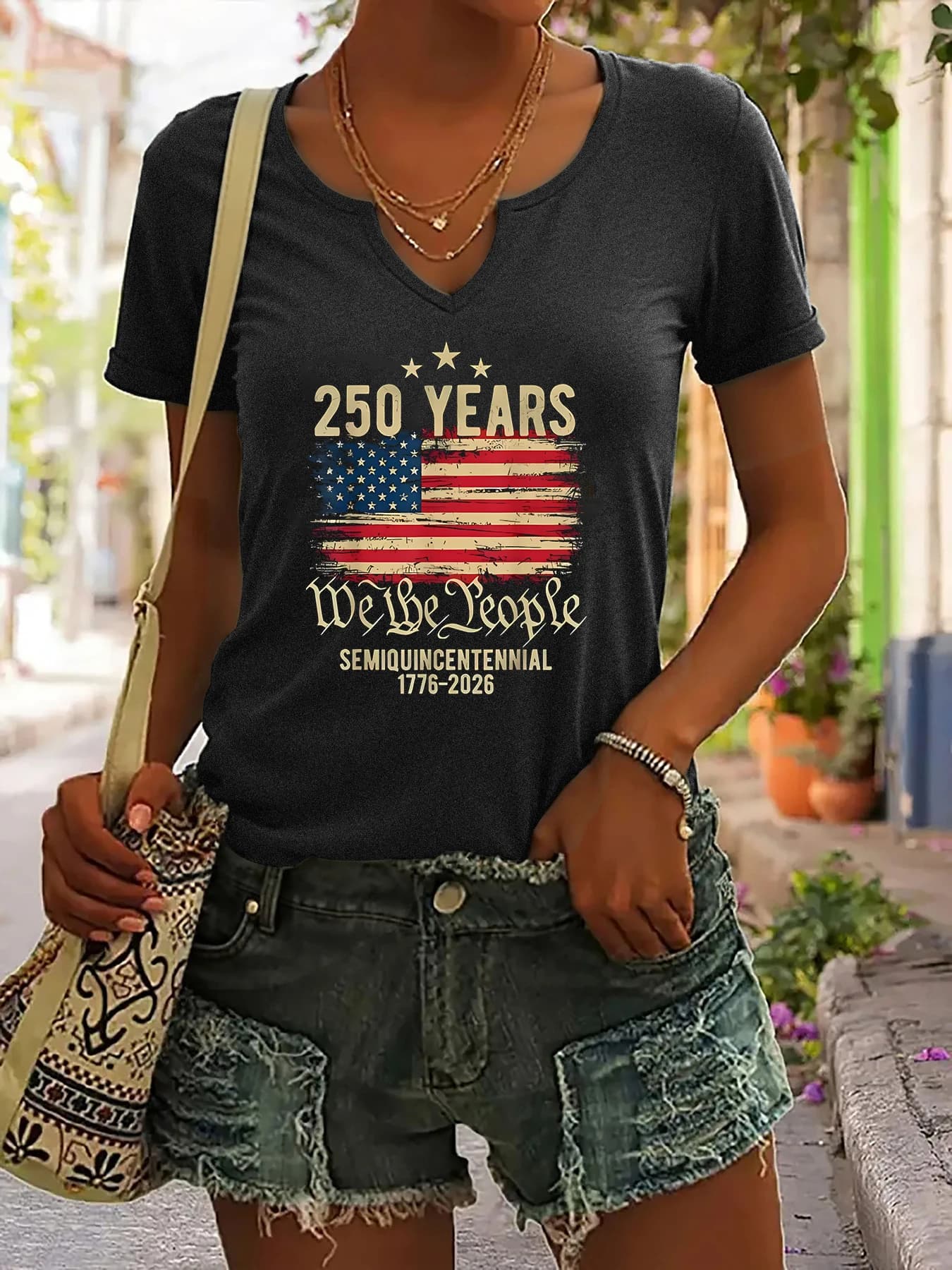 T-shirt estiva da donna a girocollo a maniche corte, stampa USA 250th Anniversary We The People, top casual con grafica patriottica 1776-2026