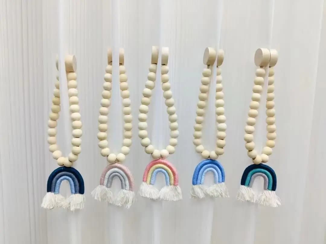 Fermatenda per tende con perline di legno arcobaleno da 2 pezzi, fascette per tende trasparenti fatte a mano in stile francese di lusso leggero, fermacravatte per tende