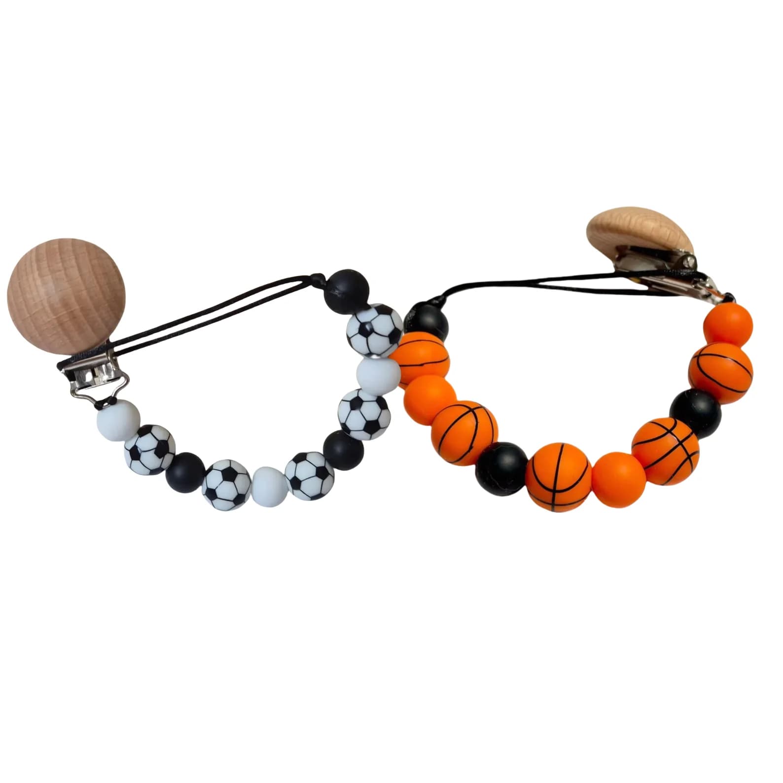 Sports Themed Wooden Pacifier Leash Basketball Football Shaped Beads Baby Teether Holder Clip for Infants