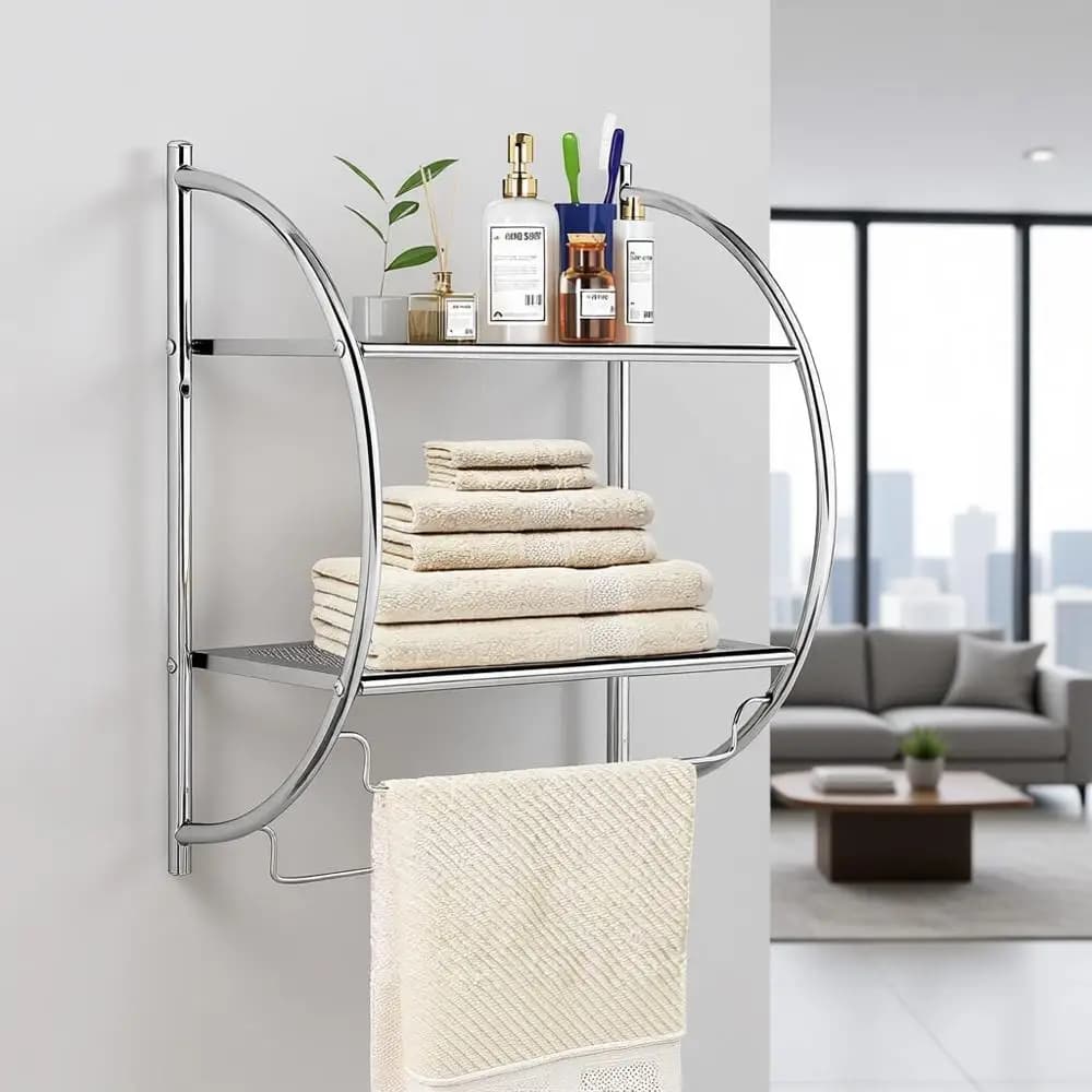 Mensola da bagno a doppio strato in cromo antiruggine con portasciugamani, 18W x 10D x 22H