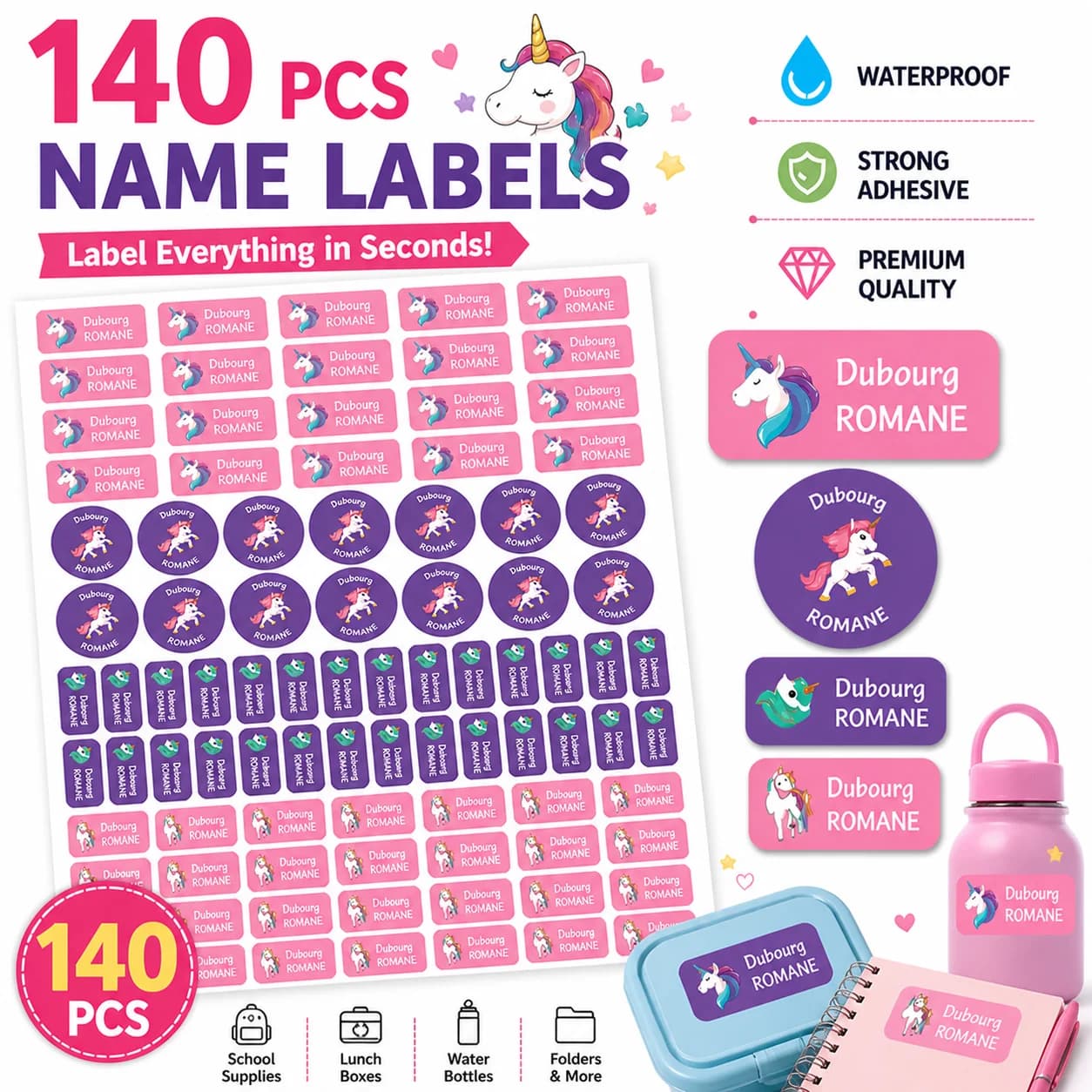 TREES 140PCS Custom Waterproof Name tags Stickers ,cartoon style, nakrjki na ubrania imie，autocollants personnalisés prenom,