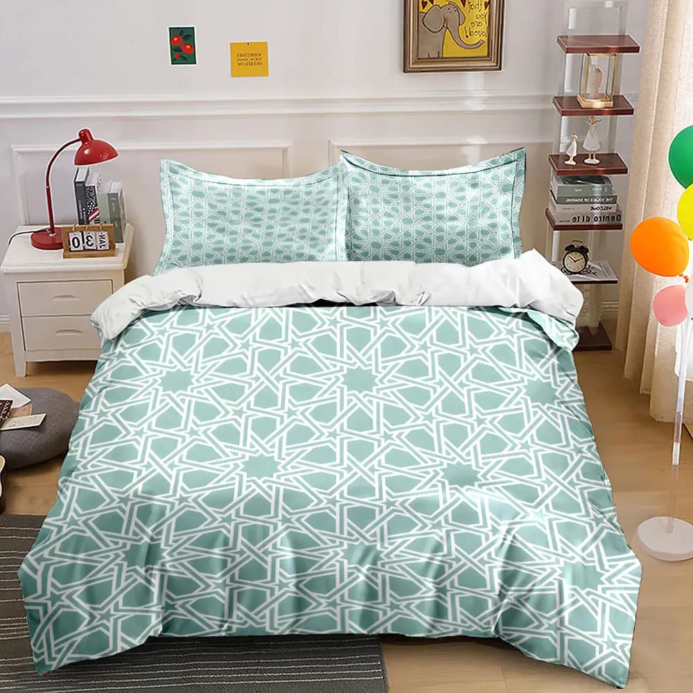 Set di Biancheria da Letto con Copripiumino Morbido e Confortevole, Stampa Geometrica Verde Chiaro, Include 1 Copripiumino e 2 Federe