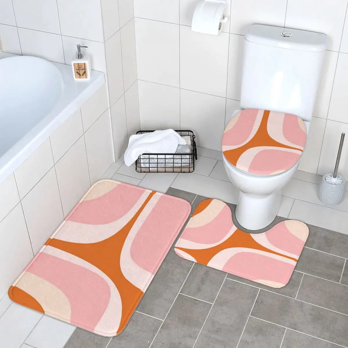 Retro Groove Rosa e Arancione Minimalista Astratto 3 Pezzi Tappetino da Bagno Set da Bagno Coperchio del Toilette Copertura Casa Tappeto Antiscivolo Tappeto