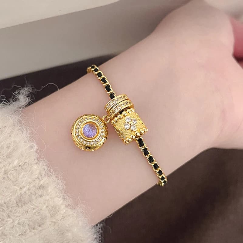 Braccialetti classici in cristallo viola rosa rotondo con diamanti a cerchio completo per donna Gioielli per banchetti con bracciale a catena in corda intrecciata nera