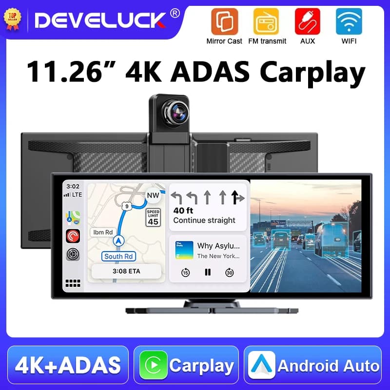 Videoregistratore DVR per auto ADAS portatile da 11,26 pollici, 4K, con telecamera anteriore rotante, Carplay wireless, Android Auto.