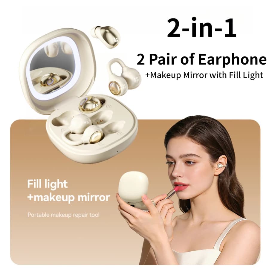 Auricolari Bluetooth Wireless 2-in-1 con Specchio per il Trucco, Audio HIFI, Bassa Latenza, Lunga Durata della Batteria, Cuffie per Musica da Notte, Regalo per Coppie
