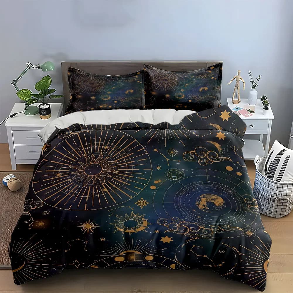 Set di arredo letto con motivo astronomico, idea regalo, con 1 copripiumino e 2 federe, disponibile nelle misure singolo, matrimoniale, king e queen.