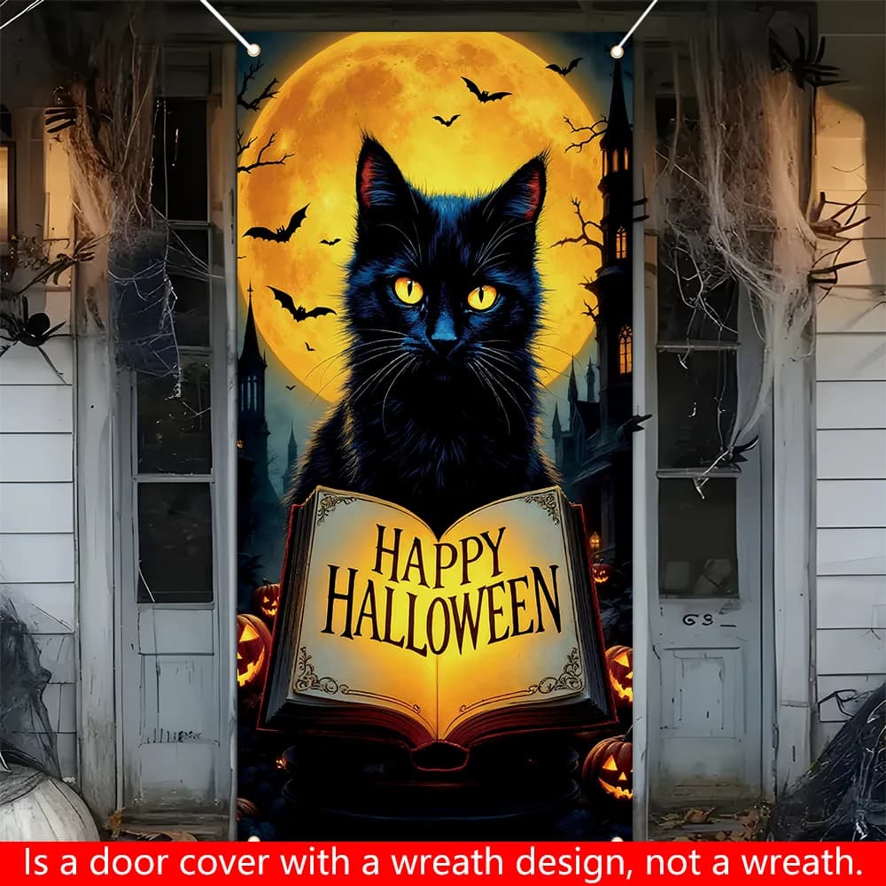 2D curtain banner, 1 Halloween door decoration flag - 70.8x35.4 inches - Black Cat and Full Moonzyc