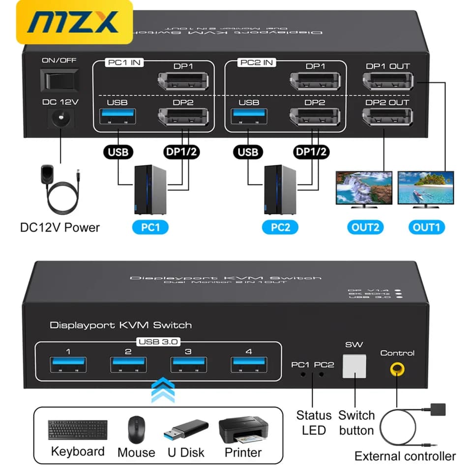 MZX KVM Switch 2 Dual Monitors DP HDMI-Compatible 8K@60Hz 4K@120Hz 2x2 USB 3.0 Hub Switcher 2 in 2 out PC Computer Accessories