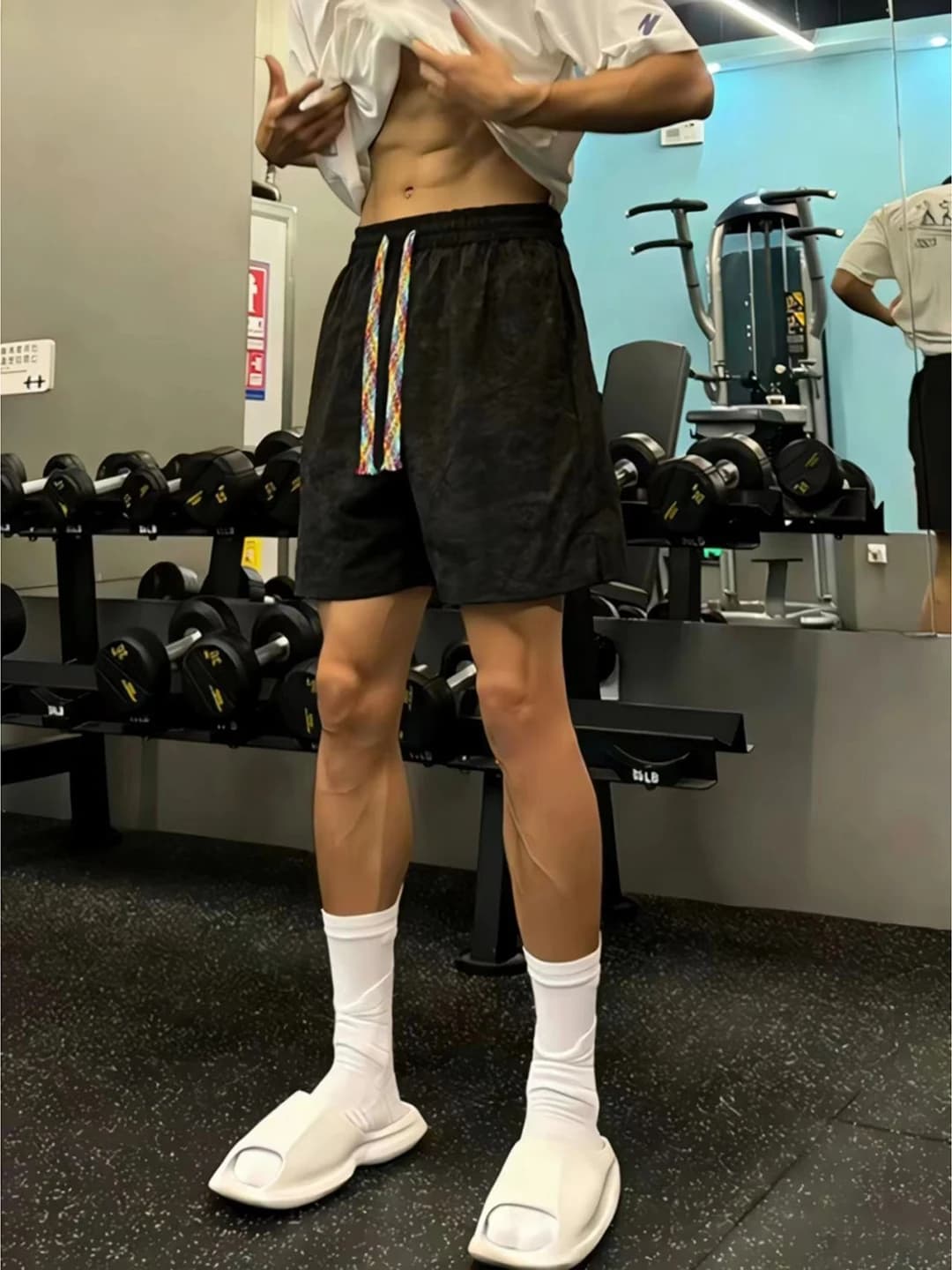 Pantaloncini Sportivi Americani in Maglia Tinta, da Uomo, Larghi, Casual, a Cinque Quarti, Gamba Dritta, con Coulisse