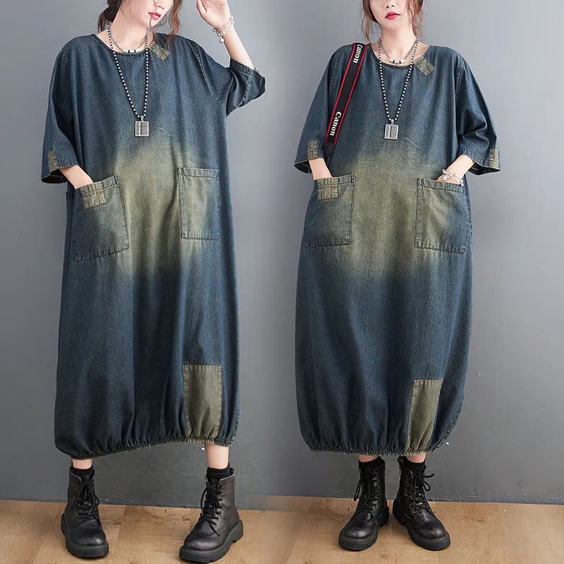 Abito da donna taglie forti, alla moda, estivo autunnale, in misto cotone, modello A-line, lunghezza midi, con patchwork in denim, che nasconde le imperfezioni